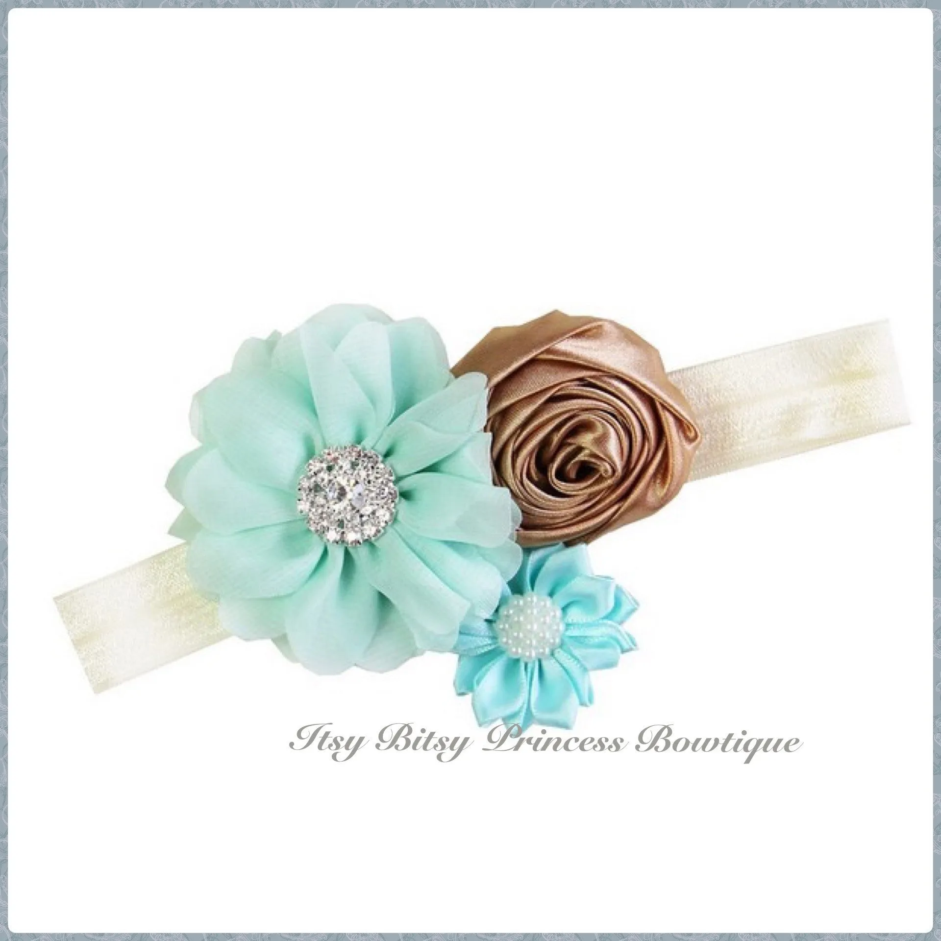 Mint and Antique Gold Rosettes Headbands