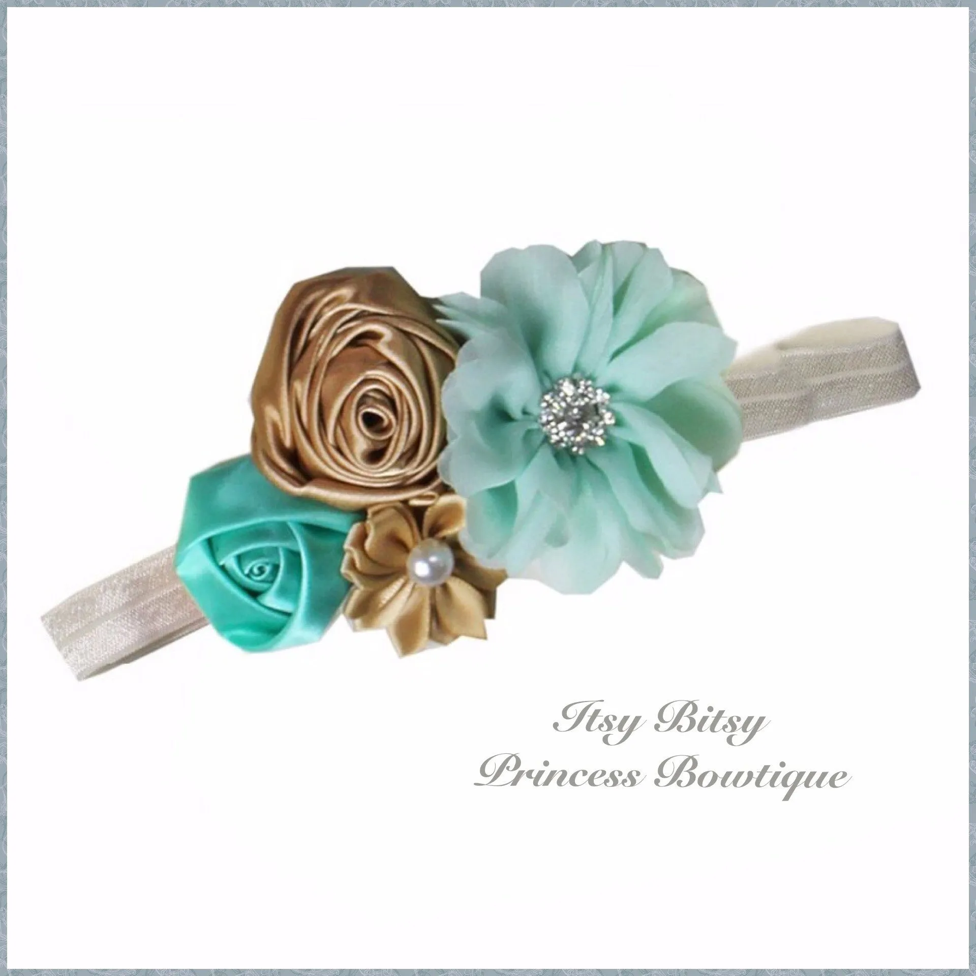 Mint and Antique Gold Rosettes Headbands