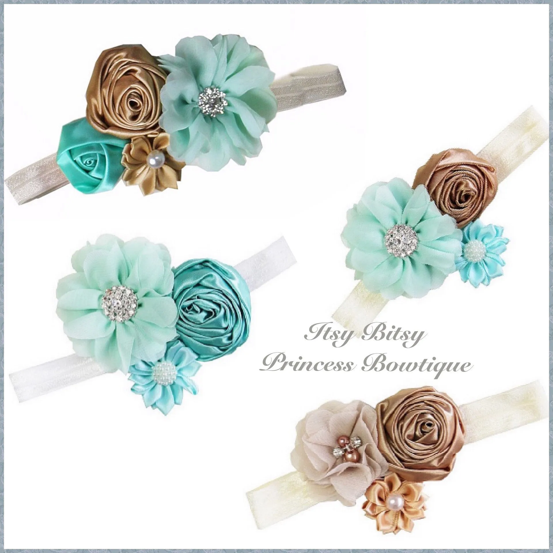 Mint and Antique Gold Rosettes Headbands