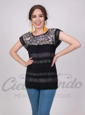 Oaxaca Paloma Blouse Black with Pastels