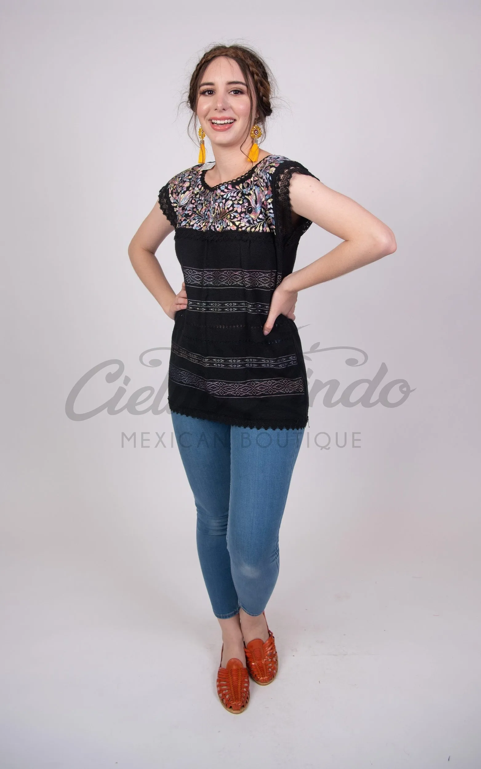 Oaxaca Paloma Blouse Black with Pastels