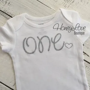 One - SILVER or GOLD glitter bodysuit with heart