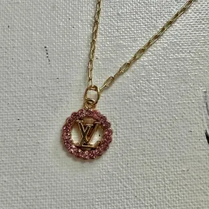 Pink Bling LV Zipper Pull on Gold-Filled Paperclip Chain Necklace