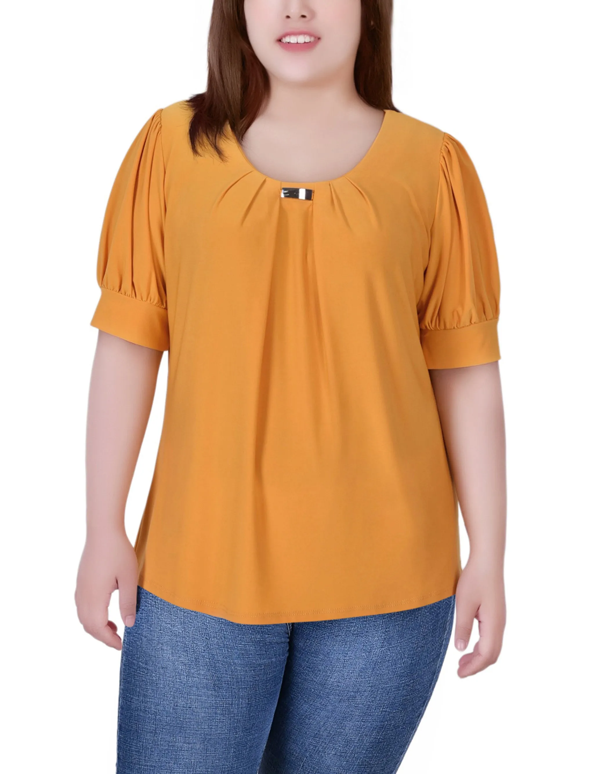 Plus Size Short Sleeve Balloon Sleeve Top With Hardware