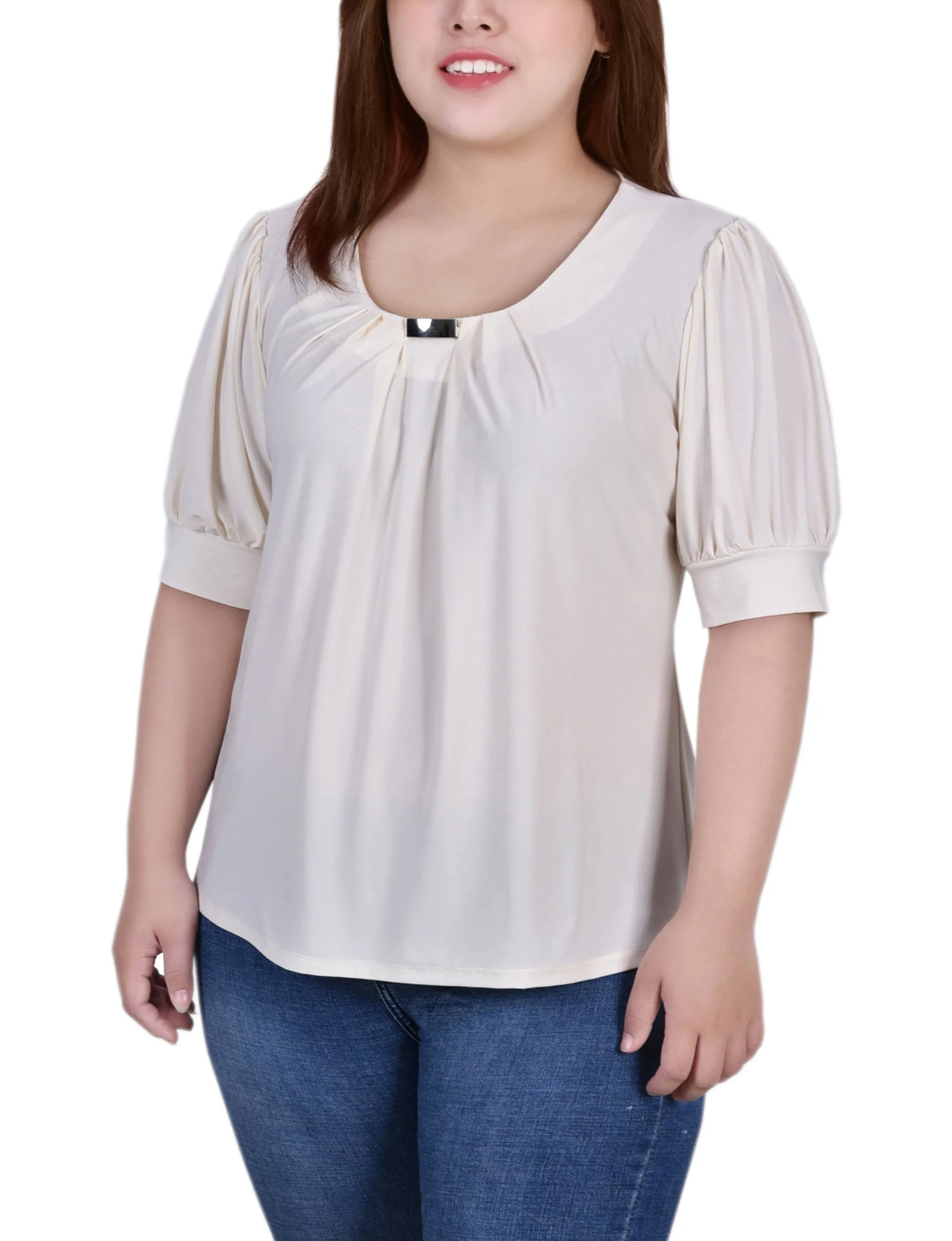 Plus Size Short Sleeve Balloon Sleeve Top With Hardware