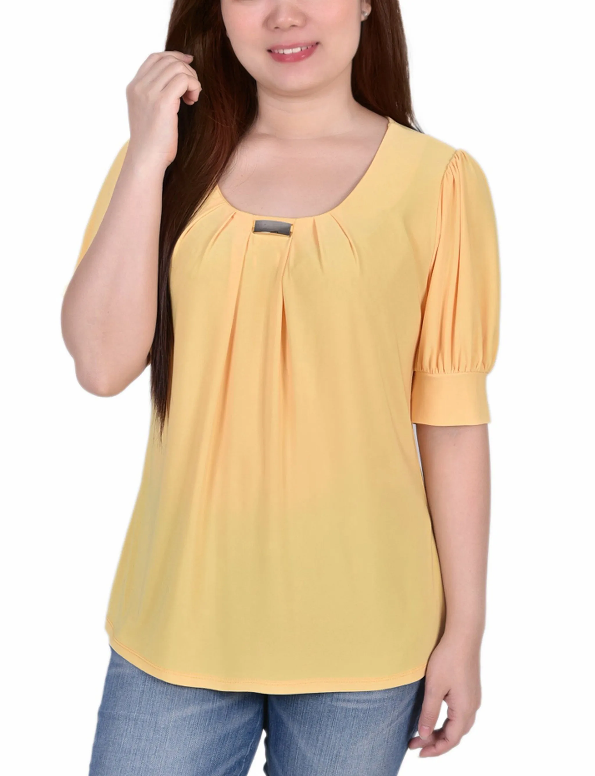 Plus Size Short Sleeve Balloon Sleeve Top With Hardware