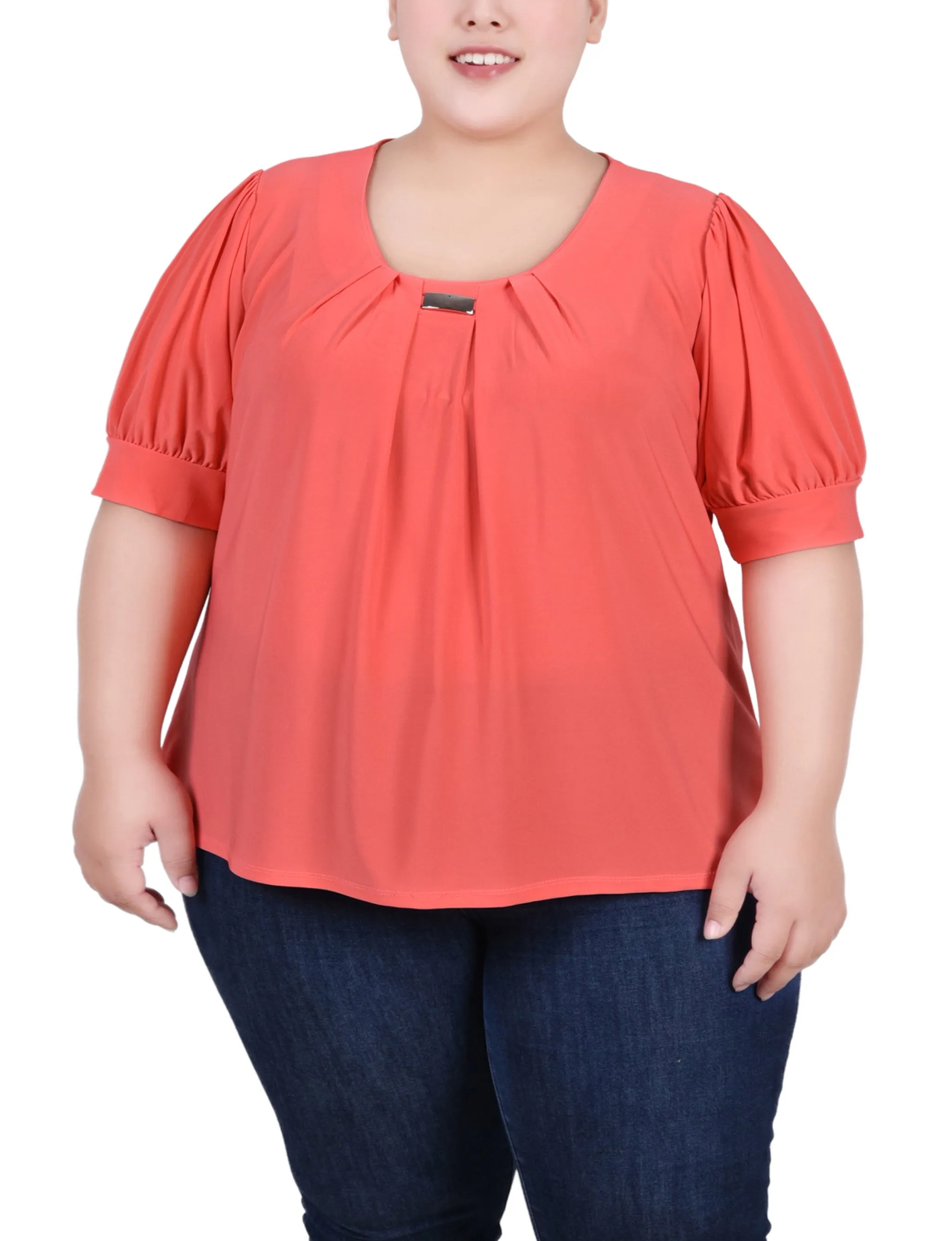 Plus Size Short Sleeve Balloon Sleeve Top With Hardware