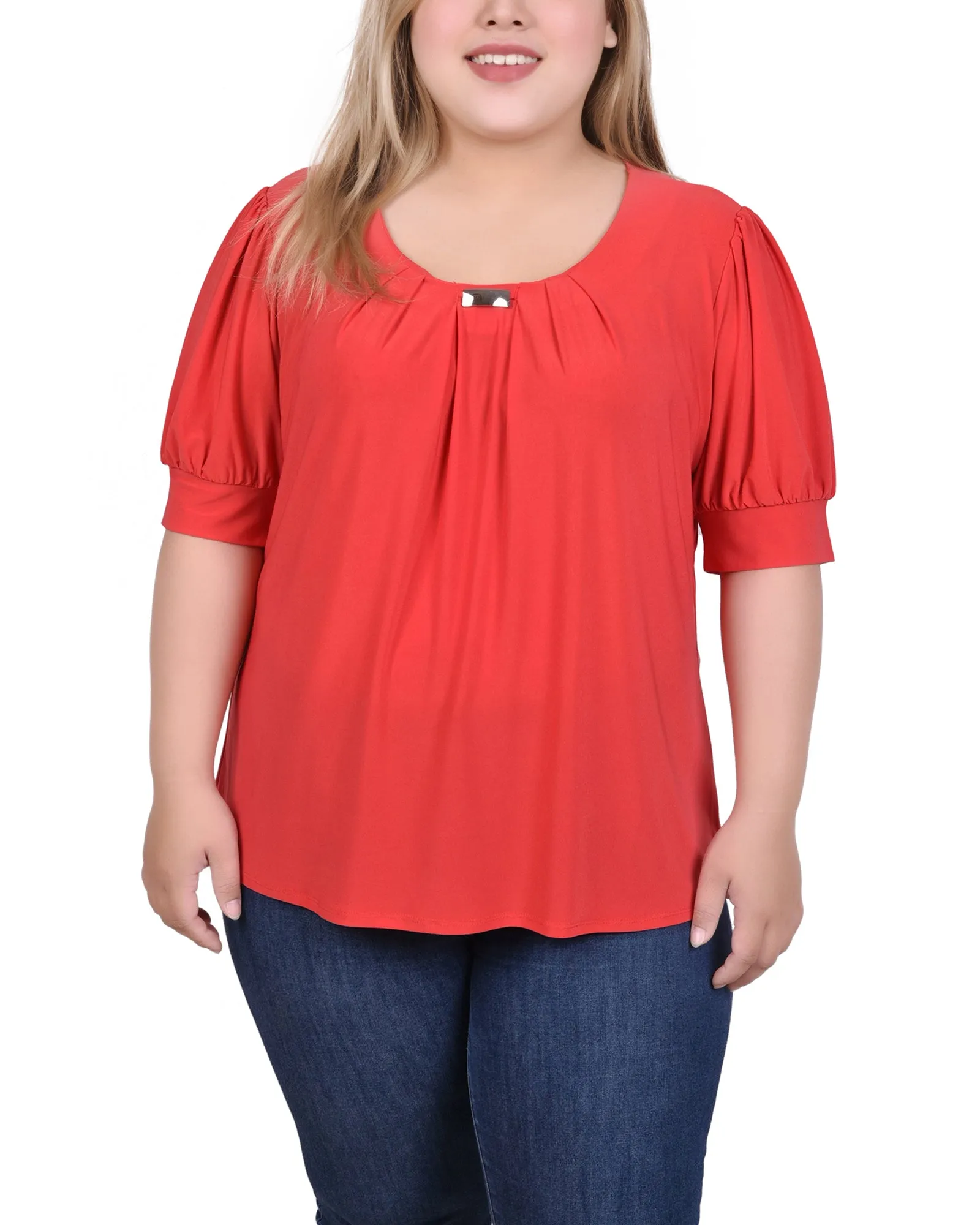 Plus Size Short Sleeve Balloon Sleeve Top With Hardware