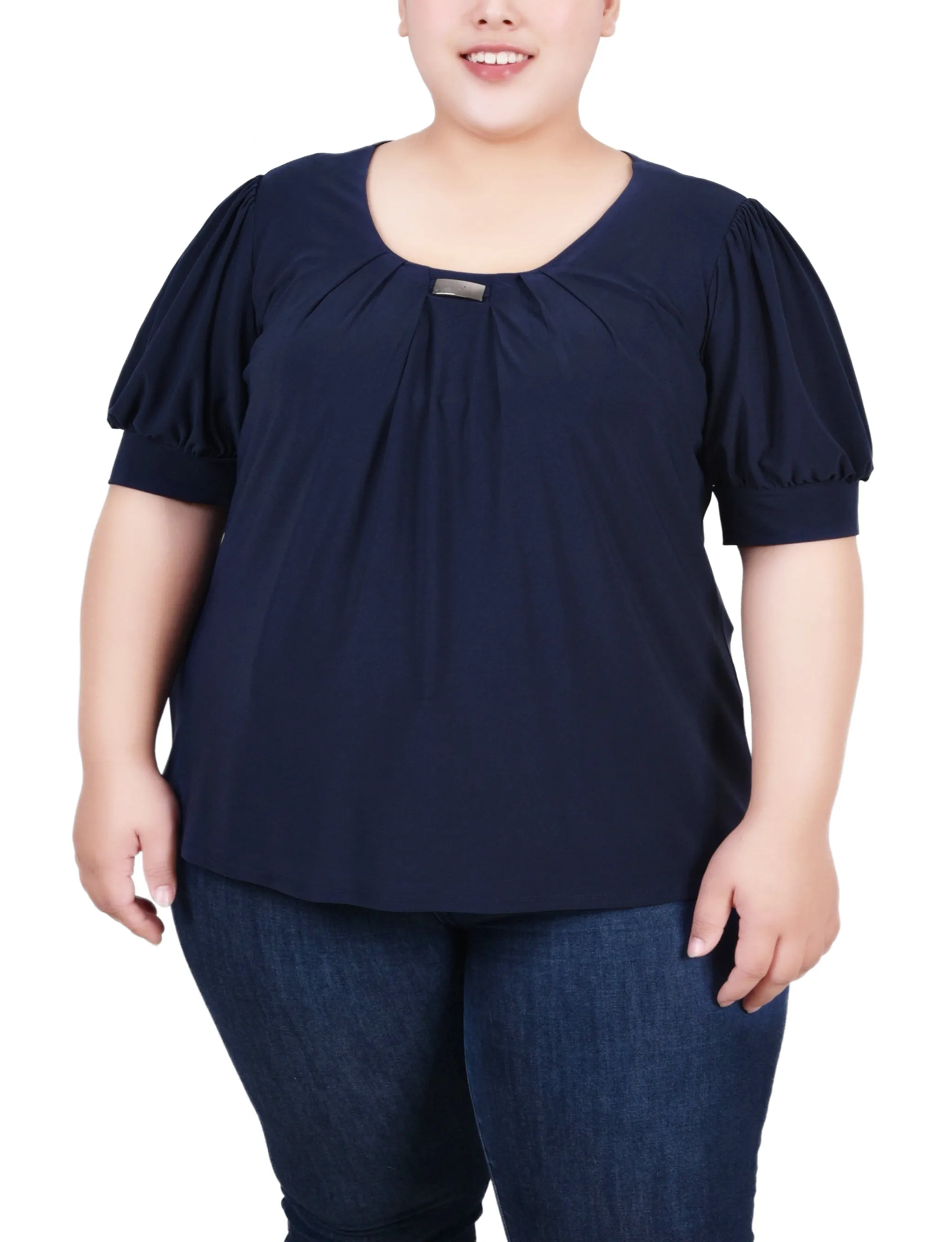 Plus Size Short Sleeve Balloon Sleeve Top With Hardware