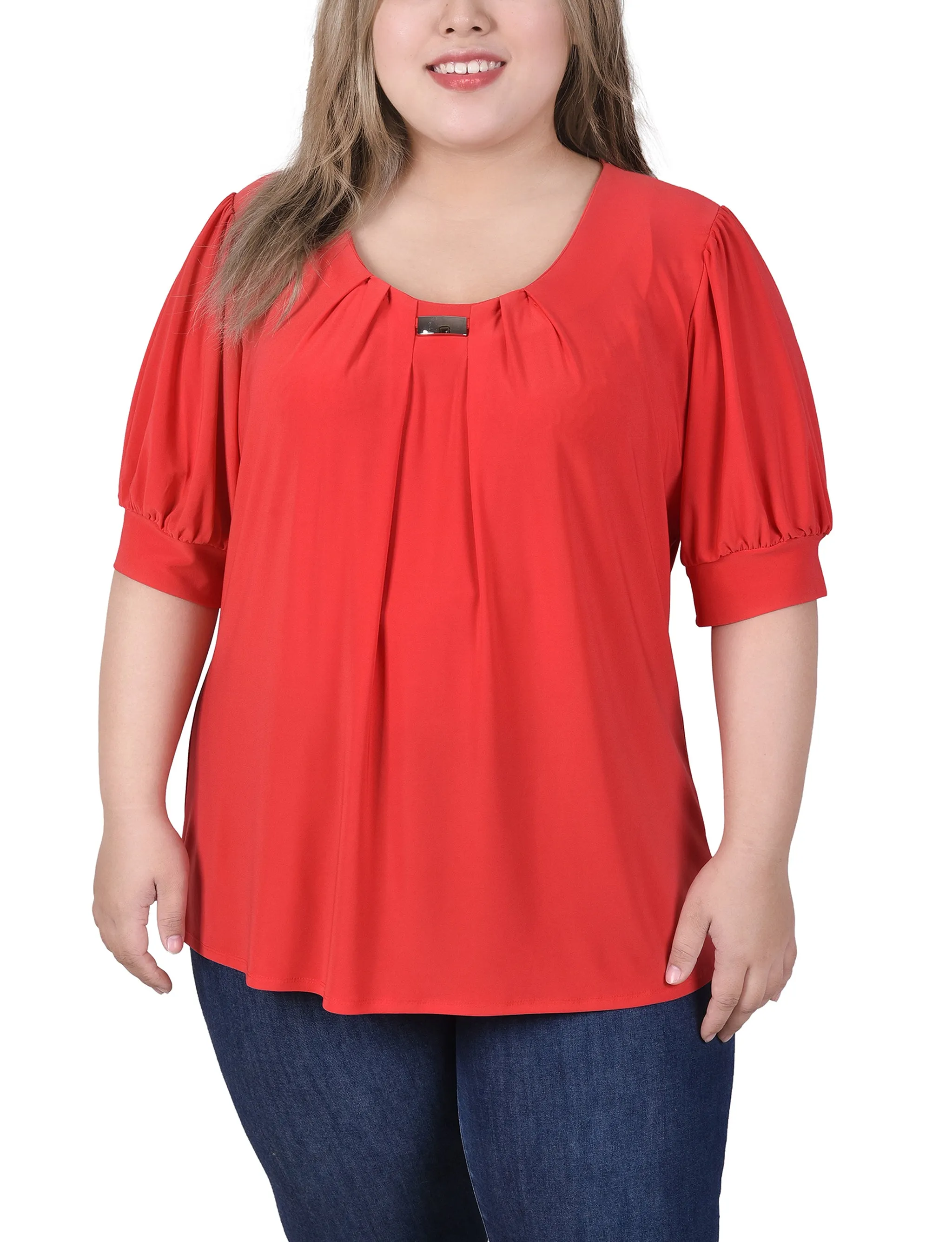 Plus Size Short Sleeve Balloon Sleeve Top With Hardware