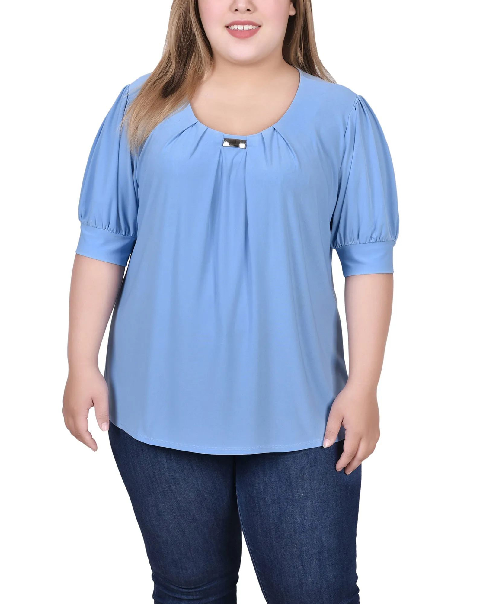 Plus Size Short Sleeve Balloon Sleeve Top With Hardware