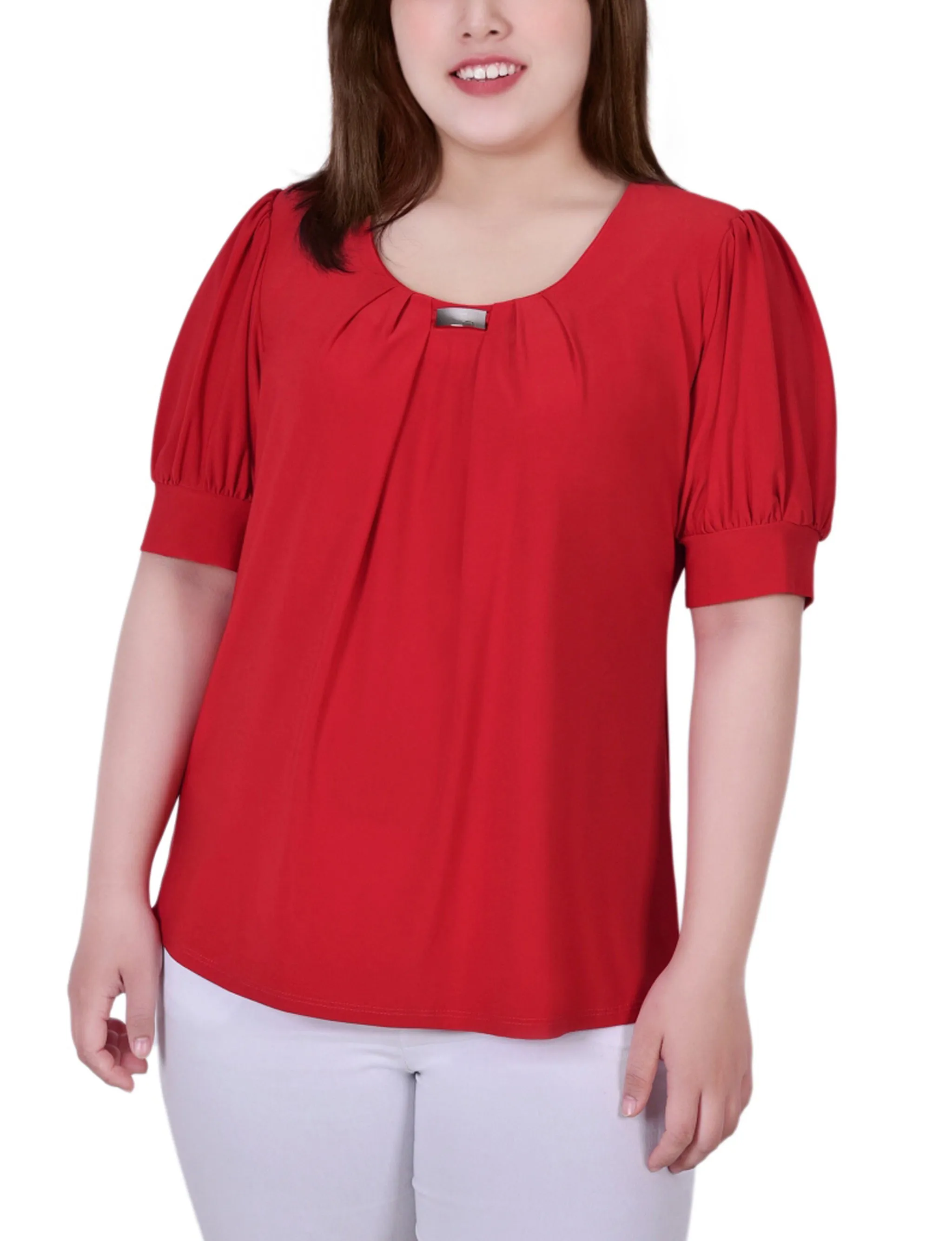 Plus Size Short Sleeve Balloon Sleeve Top With Hardware