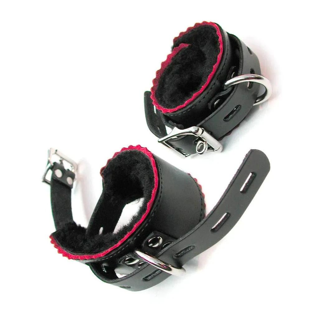 Sheepskin-Lined Leather Wrist Cuffs w/ Red Scalloped Edges