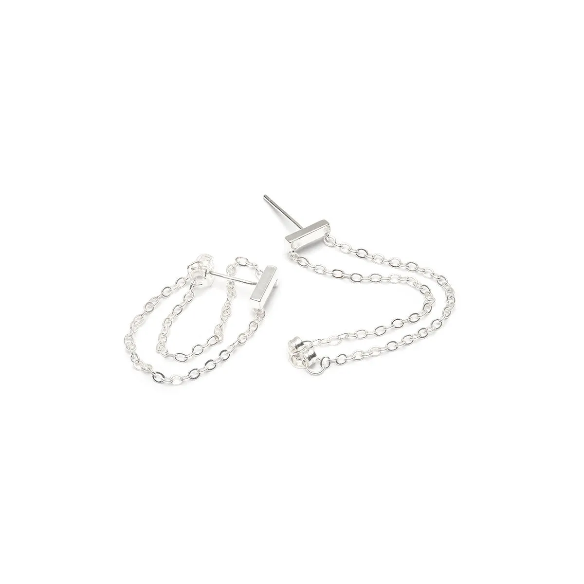 Silver Bar Double Chain Stud Earrings