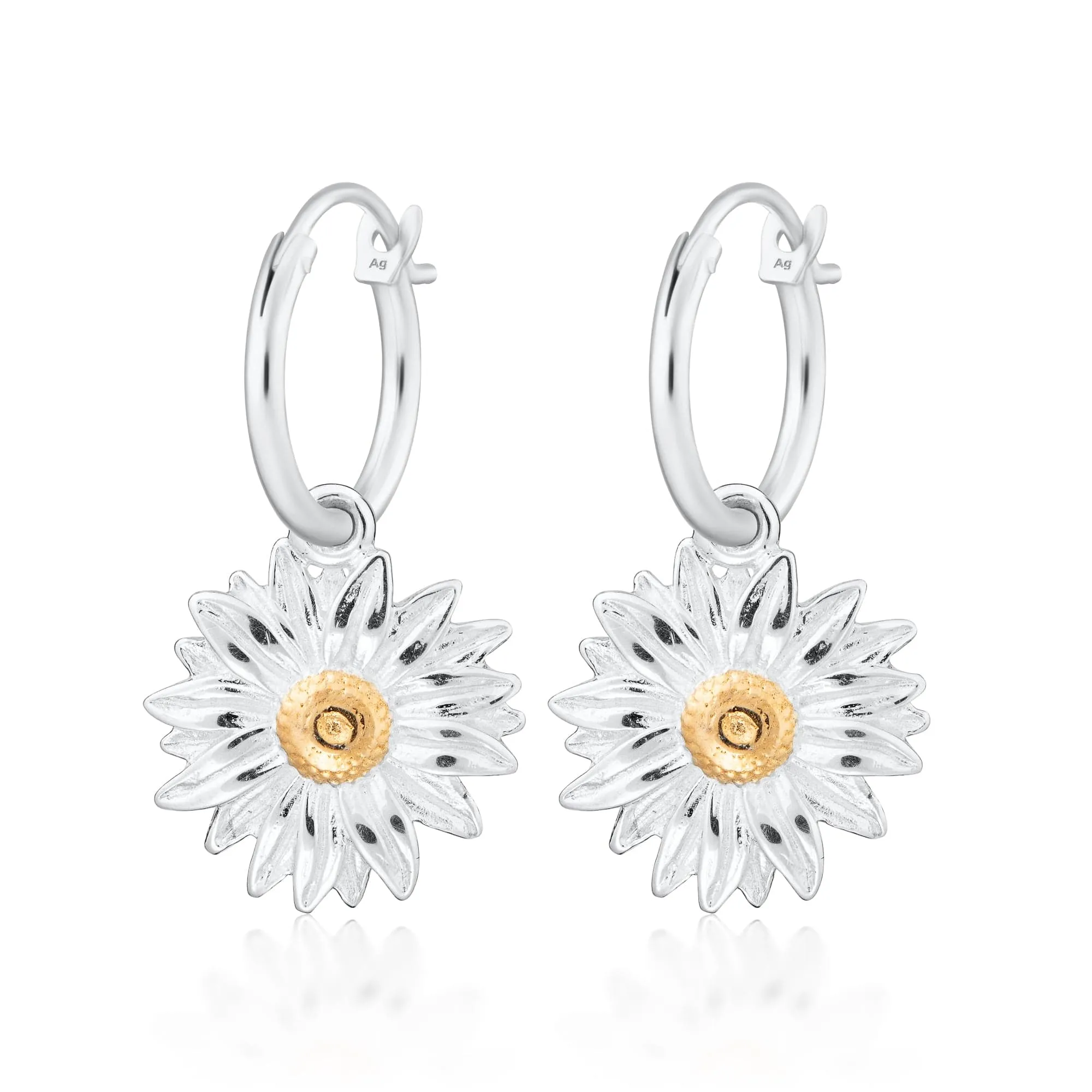 Silver Daisy Charm Hoop Earrings