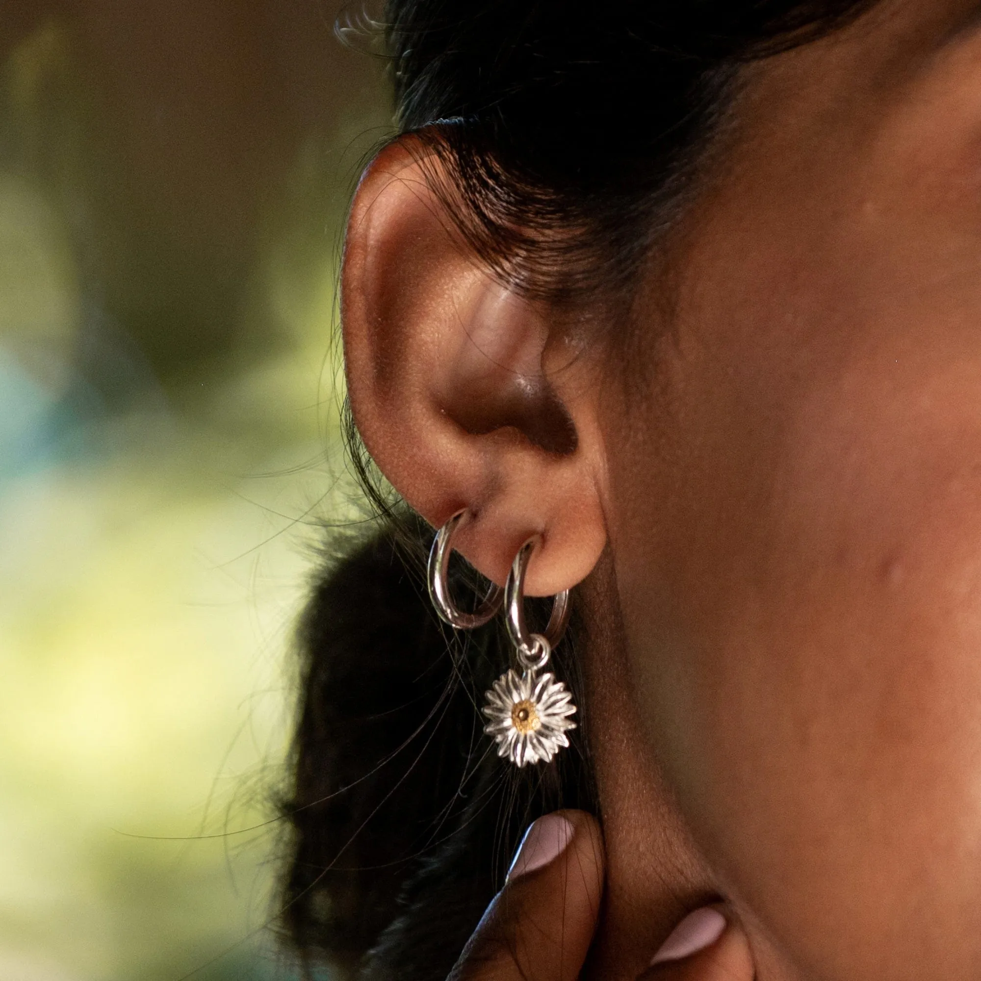 Silver Daisy Charm Hoop Earrings