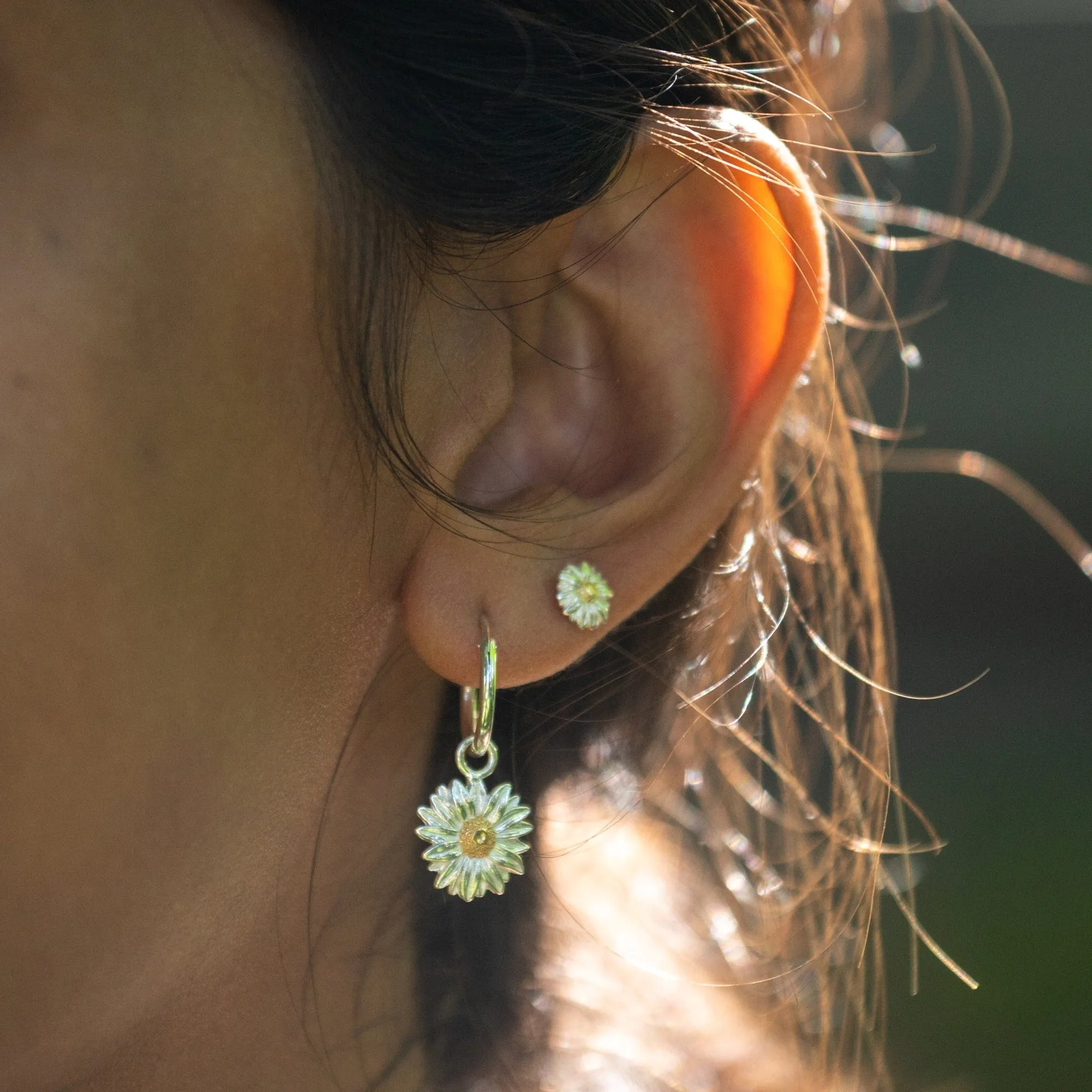 Silver Daisy Charm Hoop Earrings