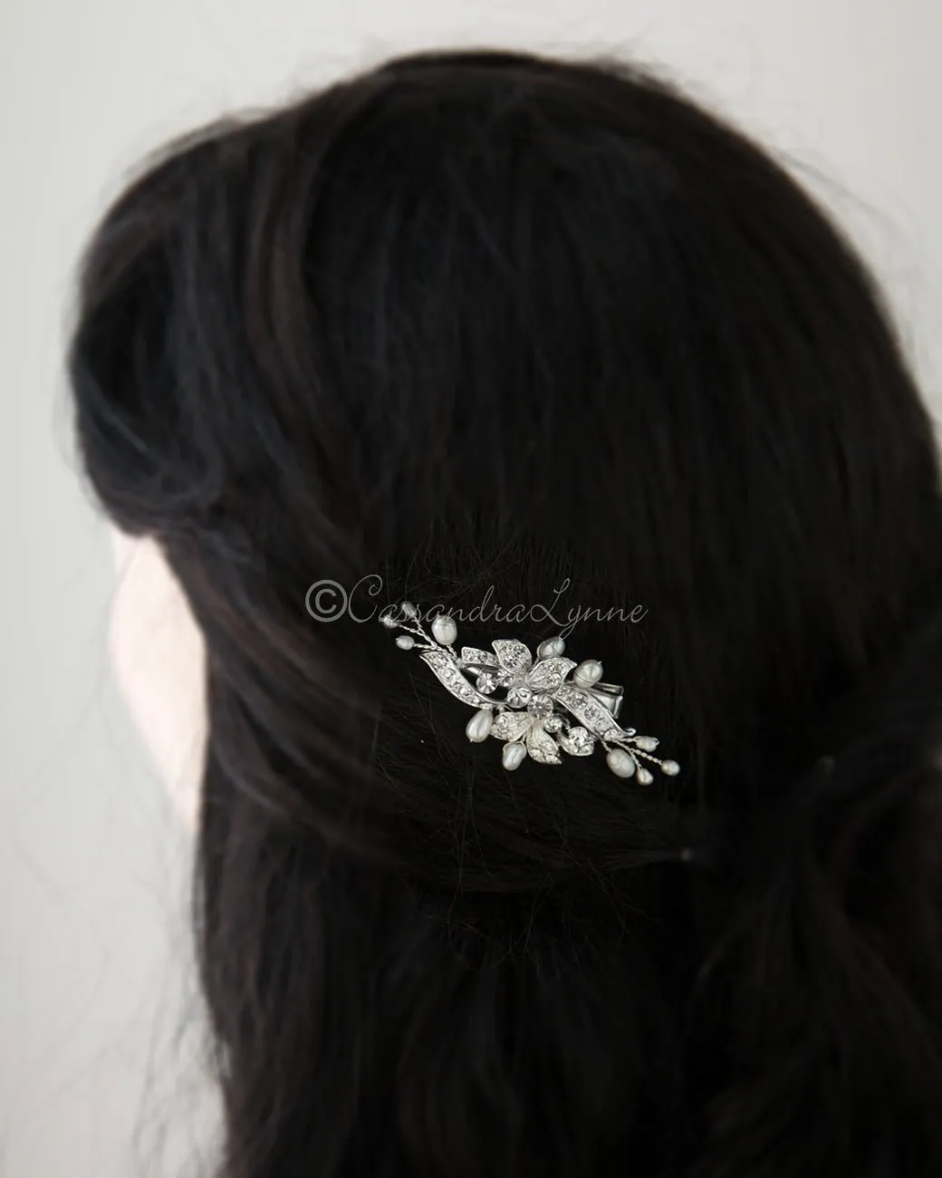 Small Crystal and Pearl Floral Hair Clip