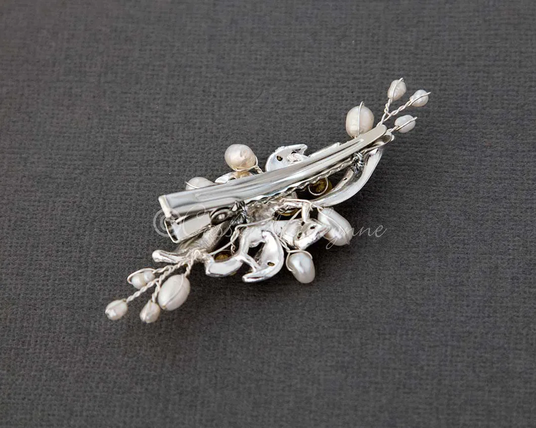 Small Crystal and Pearl Floral Hair Clip