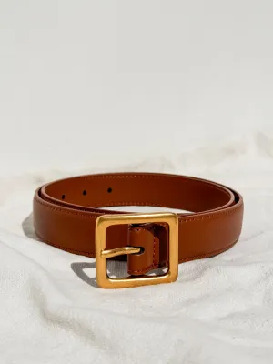 Square Gold Buckle Leather Belt in Tan