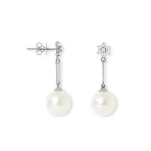 Stella cultured freshwater pearl drop earrings with diamond flower studs set in 18kt white gold