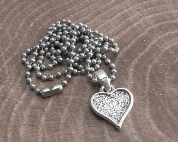 Textured Heart Pendant on Stainless Steel Ball Chain Necklace