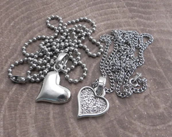 Textured Heart Pendant on Stainless Steel Ball Chain Necklace